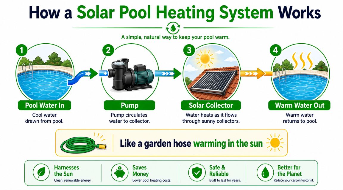 A diagram illustrating the four steps of how a solar pool heating system warms water using solar energy.
