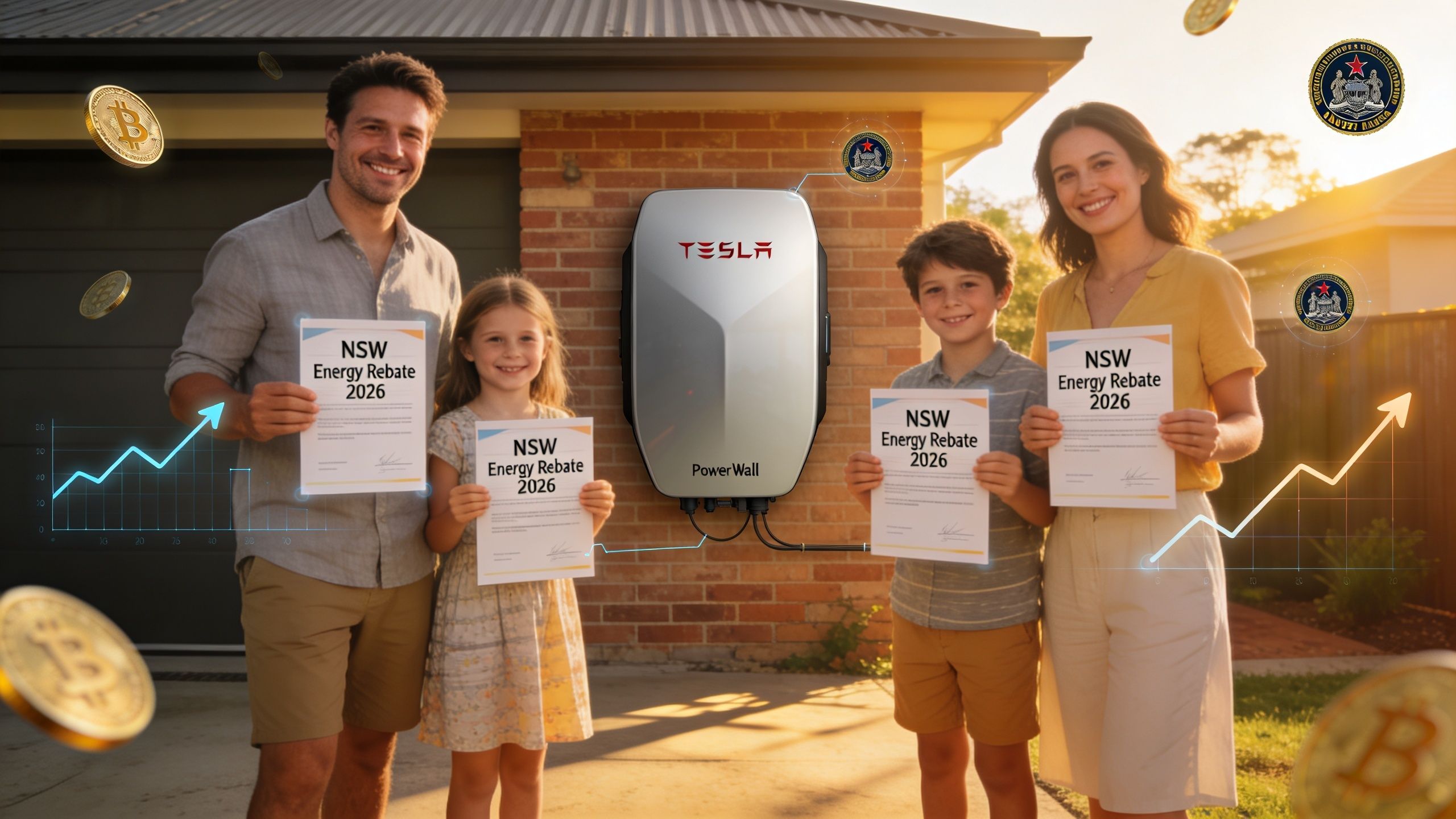 A happy family holding NSW Energy Rebate 2026 documents next to a Tesla Powerwall battery unit.