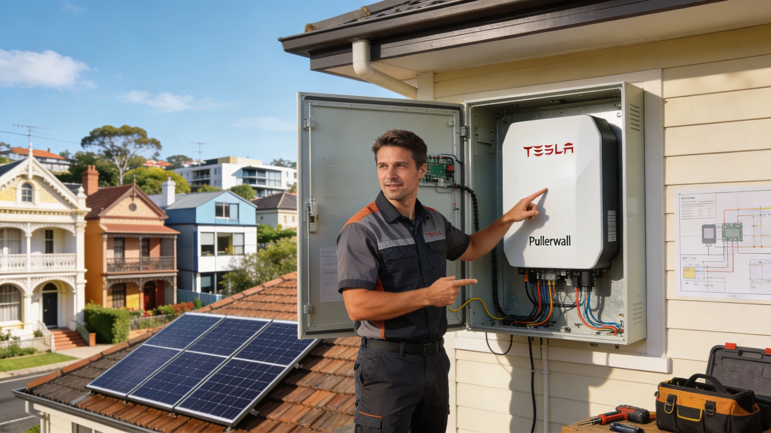 A technician points to a white Tesla energy storage unit mounted on a residential exterior wall.