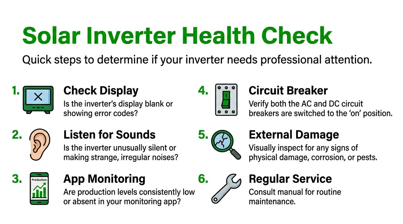 A checklist of six quick steps to determine if a solar inverter needs professional maintenance or repair.
