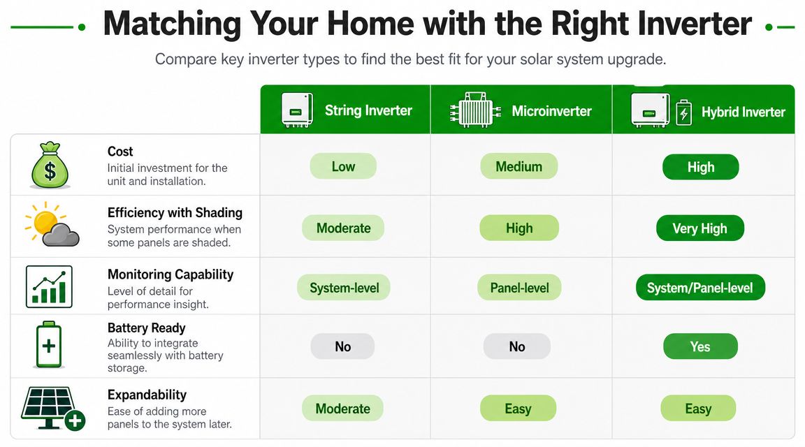 A comparison chart showing features and differences between string, micro, and hybrid solar power inverters for homes.