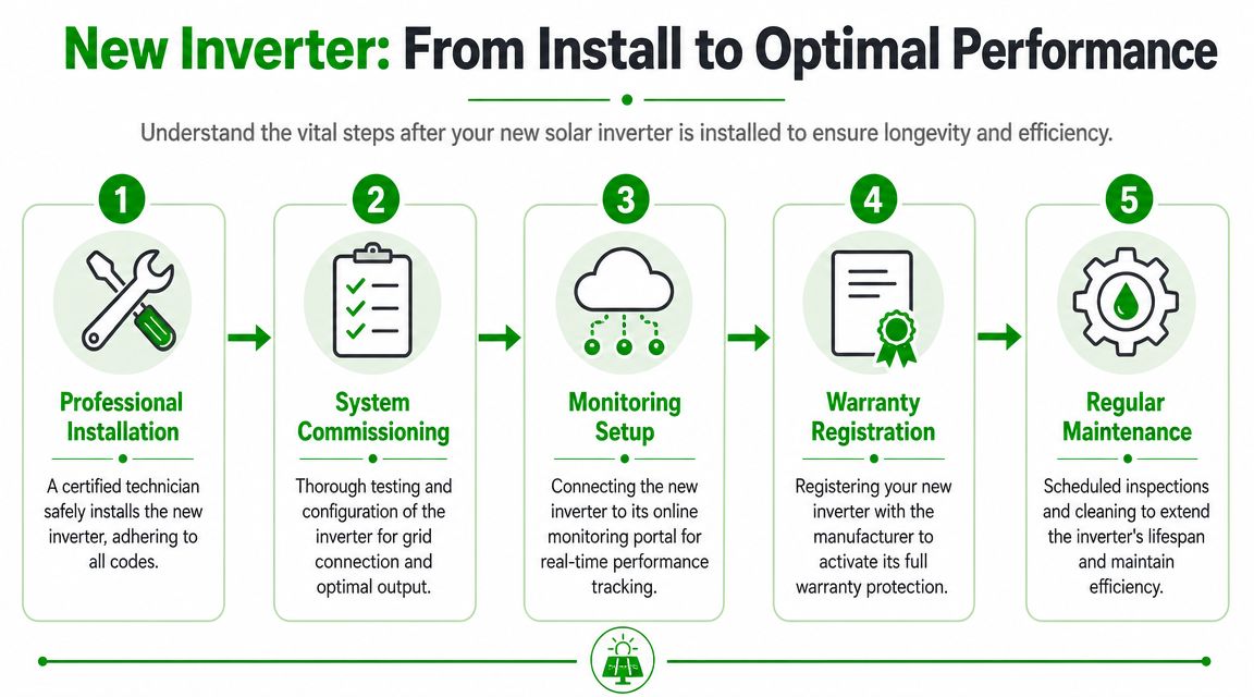 A five-step infographic showing the process from installing a solar inverter to achieving optimal long-term performance.