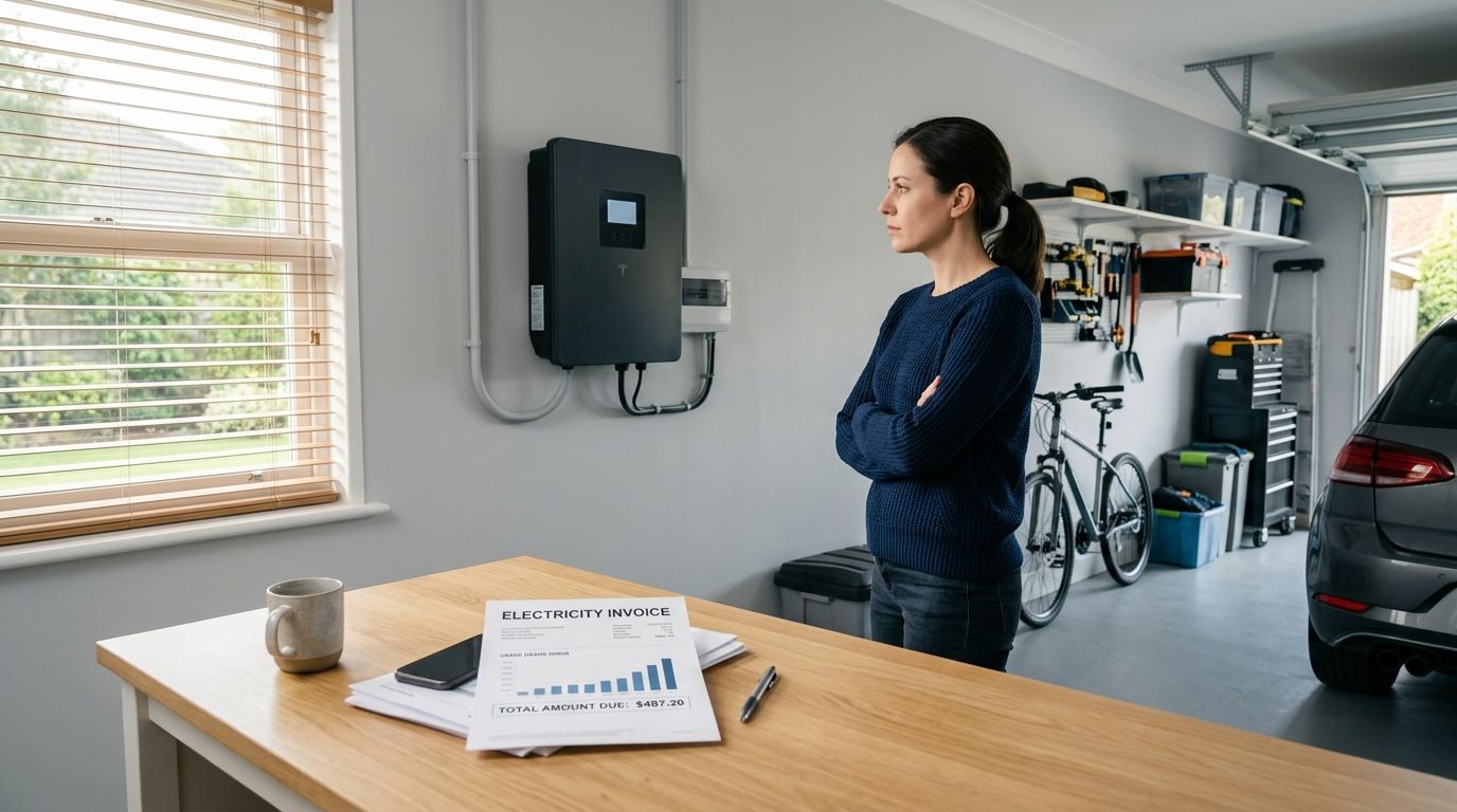 A woman stands in her garage, looking at a wall-mounted solar inverter next to an electricity invoice.