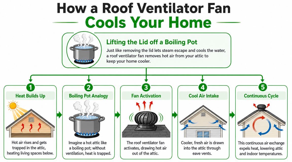 A diagram illustrating how a roof ventilator fan removes hot attic air to cool your home efficiently.