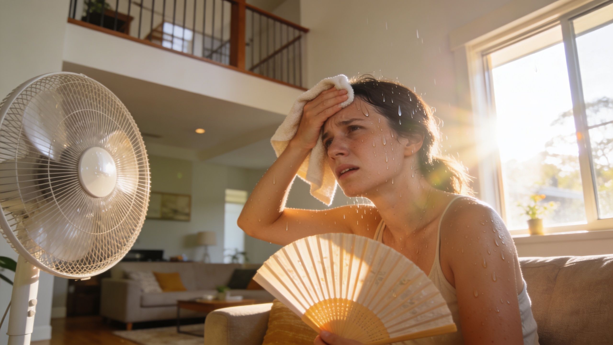 A woman sweating profusely indoors, holding a fan and a towel while sitting before a cooling fan.