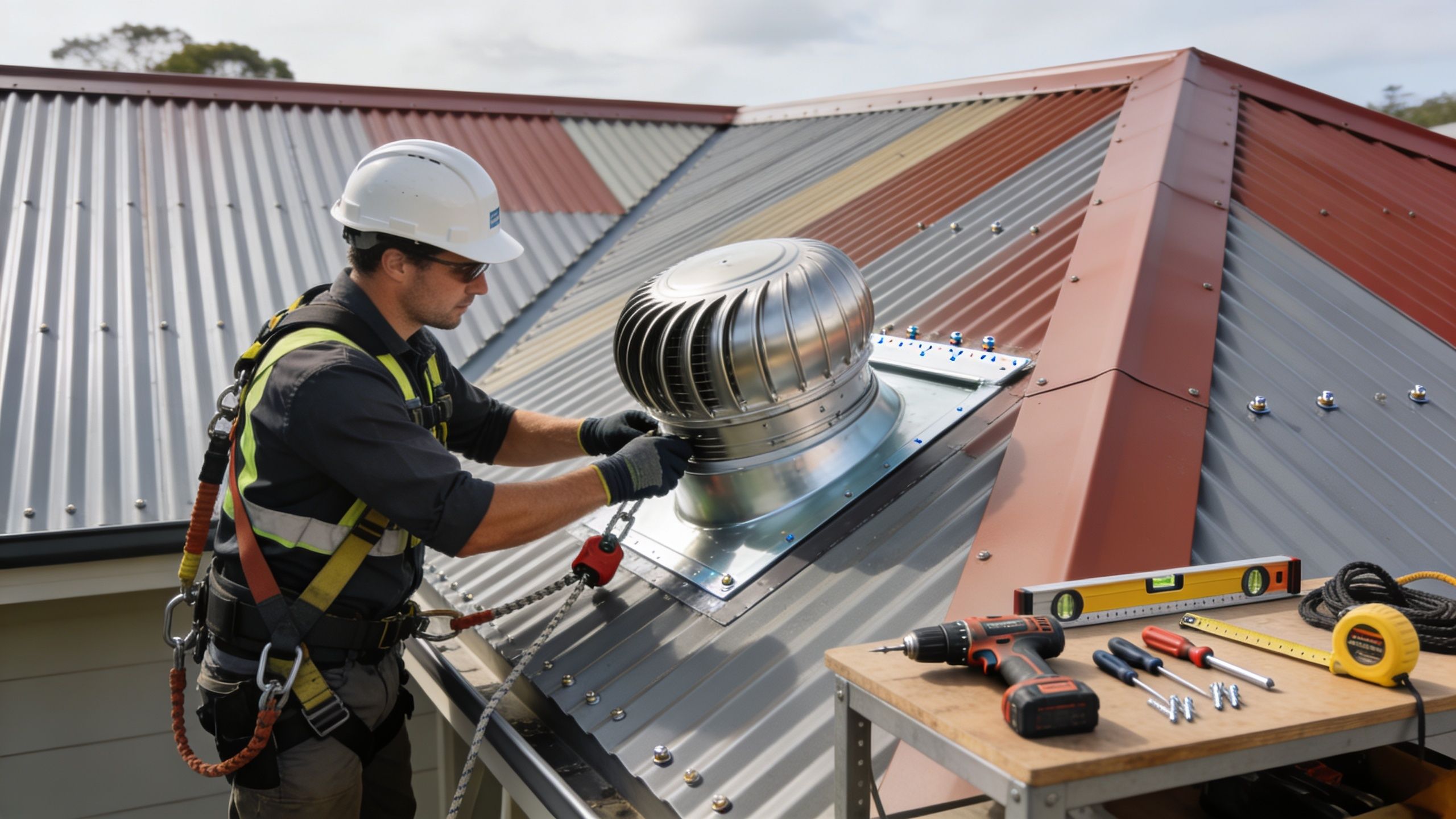 A professional roofer in safety gear installs a metal roof ventilator fan on a corrugated iron roof.