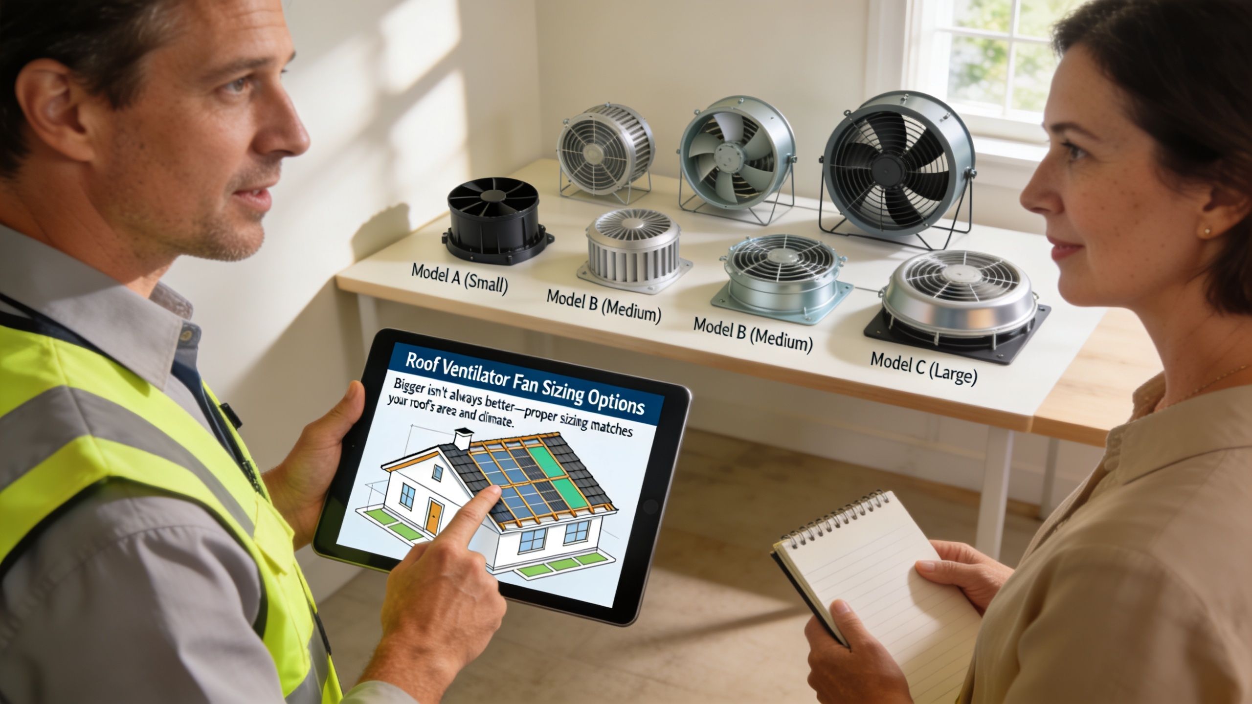 A professional construction worker explains roof ventilator fan sizing options to a client using a digital tablet.