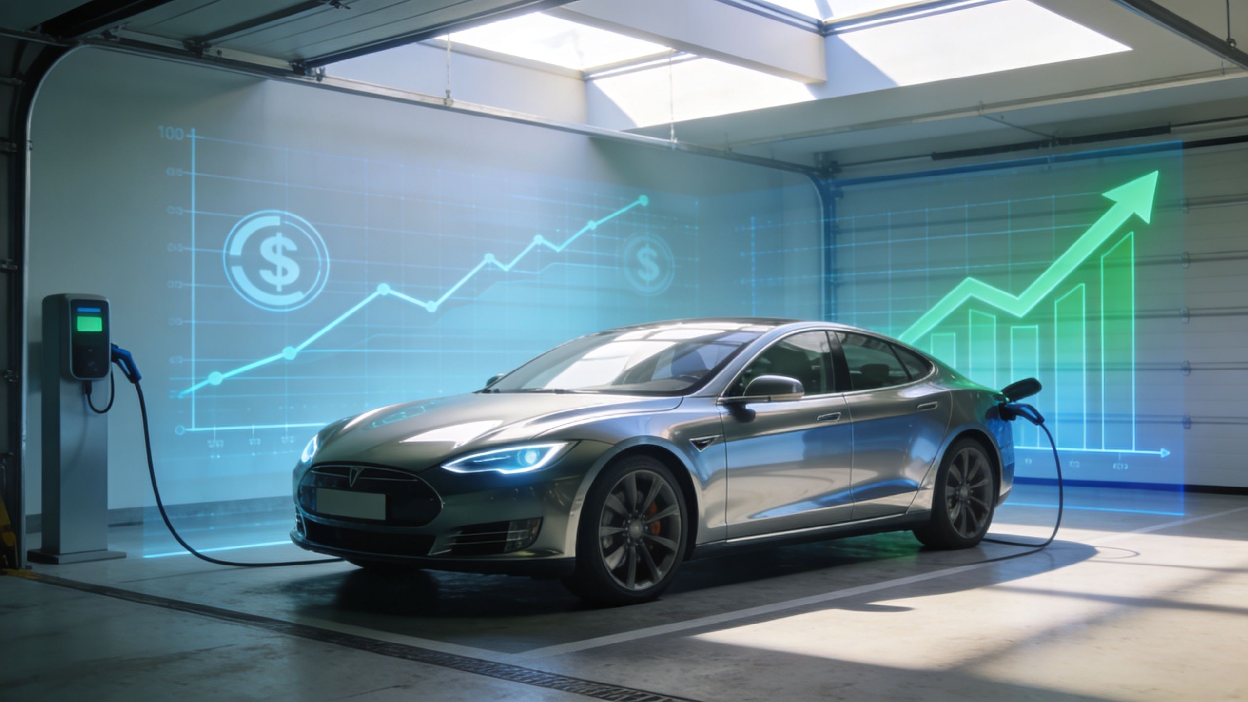 A modern electric vehicle charging in a garage with digital financial growth charts projected in the background.