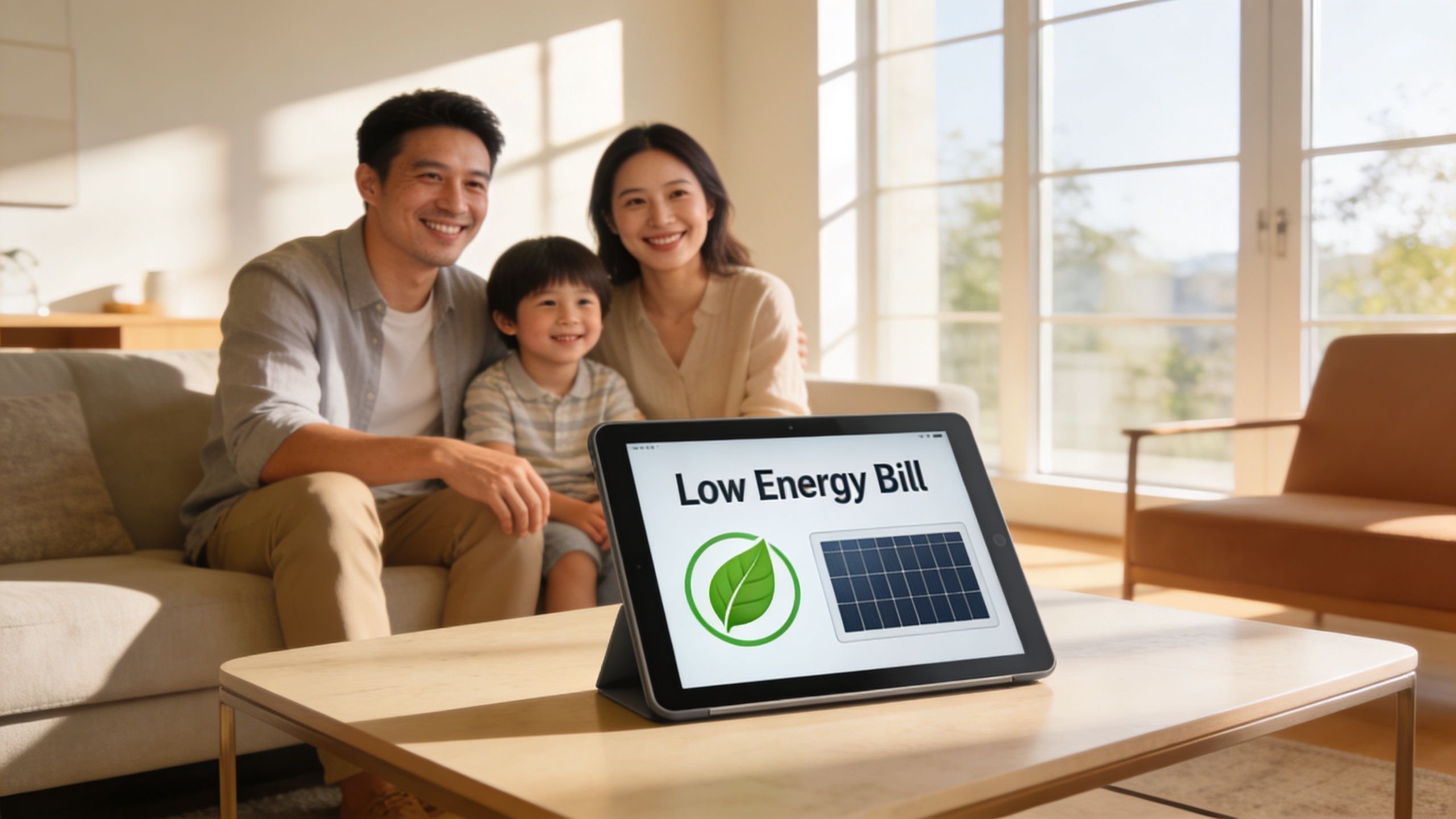 A happy family sitting on a sofa looking at a tablet displaying solar panel energy savings information.