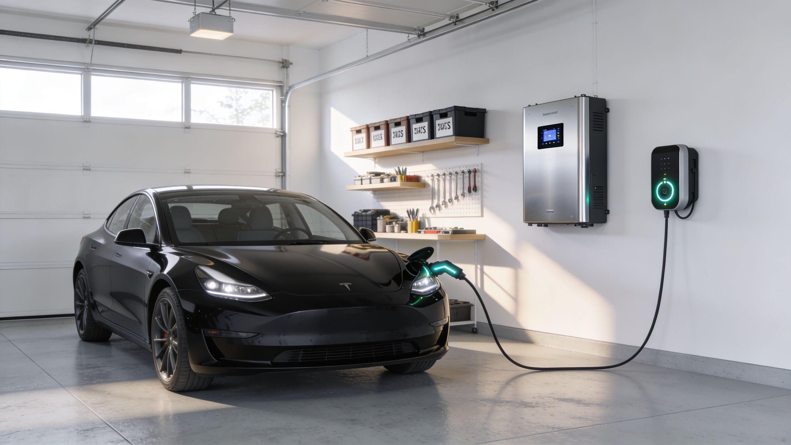 A black electric car charging in a garage next to a wall-mounted inverter and charging station