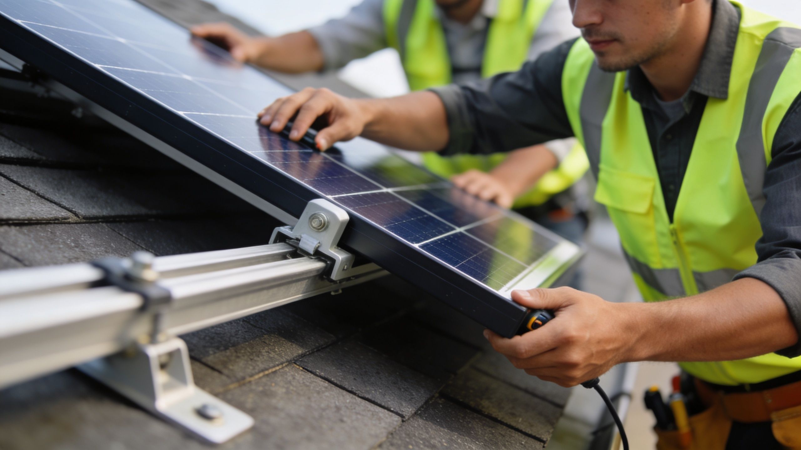 Two professional technicians in high-visibility vests installing solar panels on a residential roof in Victoria.