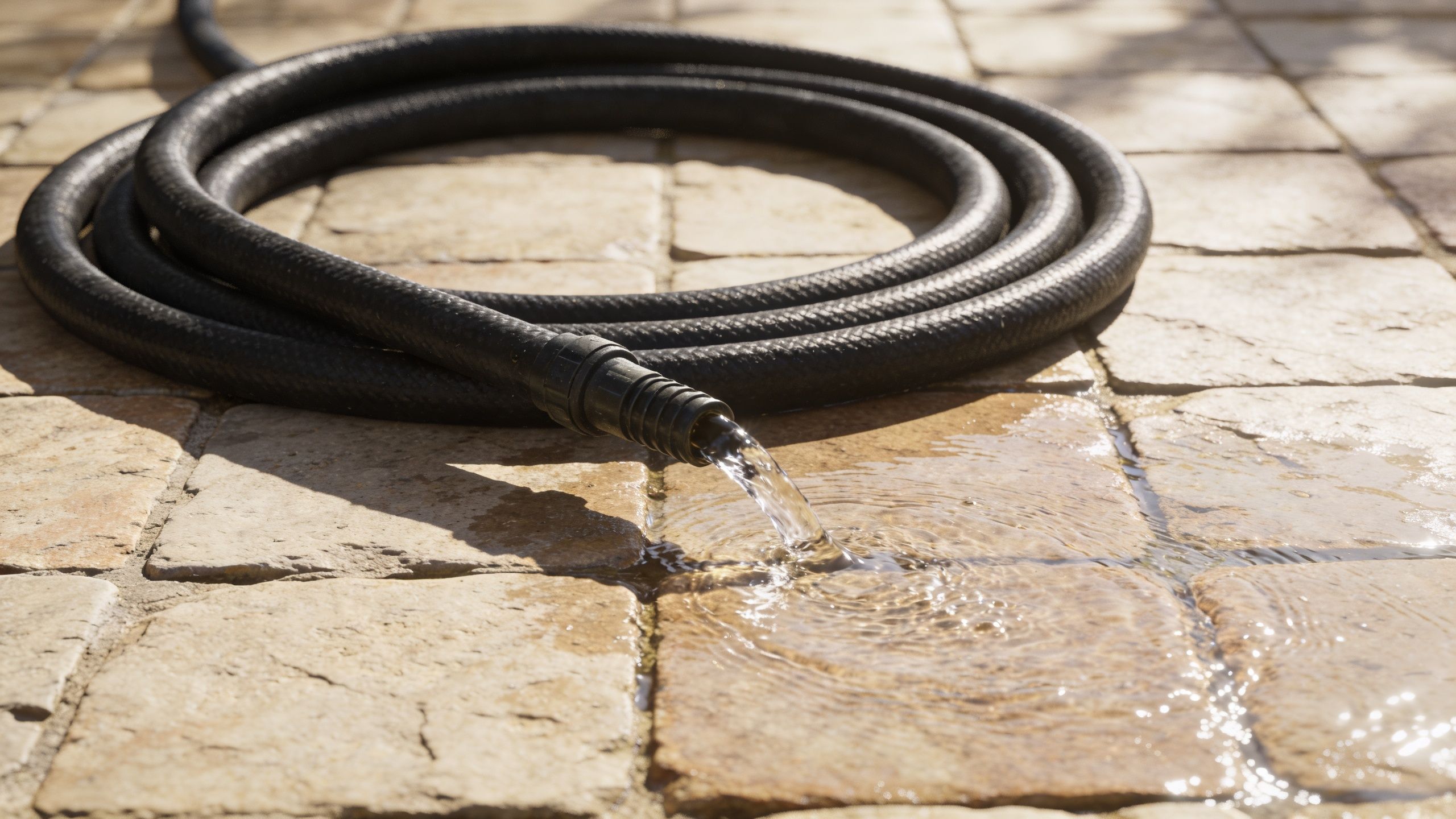 A black garden hose coiled on a stone patio with water flowing out onto the ground.