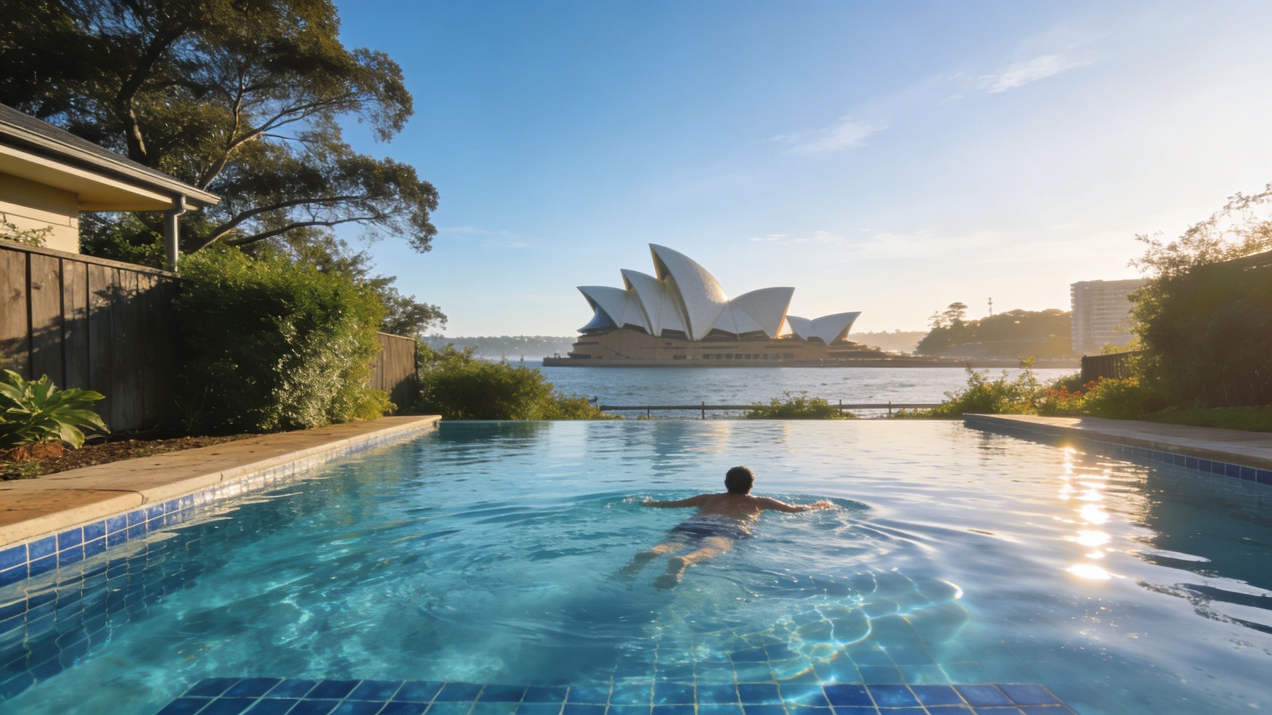 A person swims in an infinity pool with the Sydney Opera House in the background at sunset.