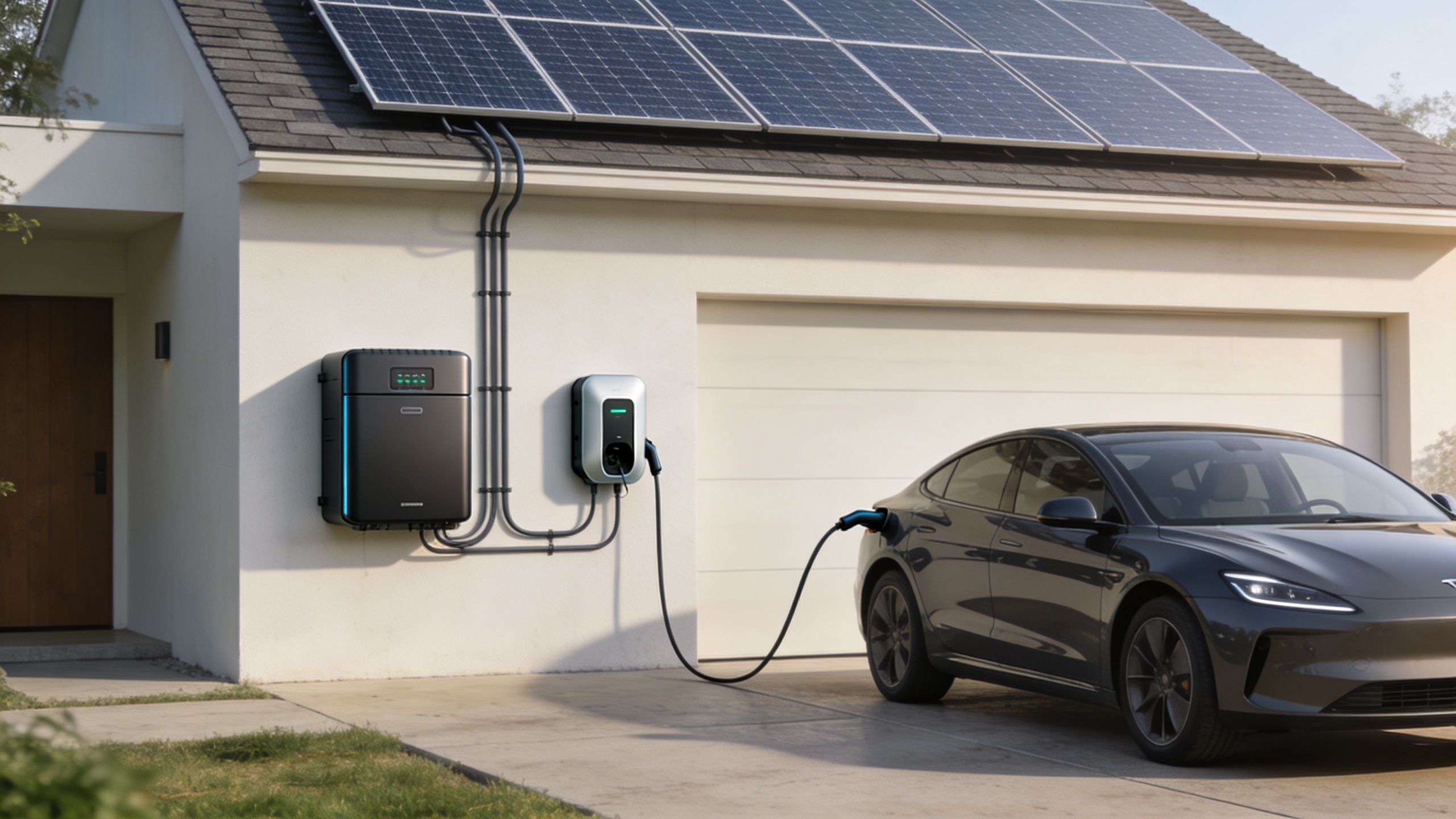 A modern electric car charging at home using solar power panels installed on the garage roof.