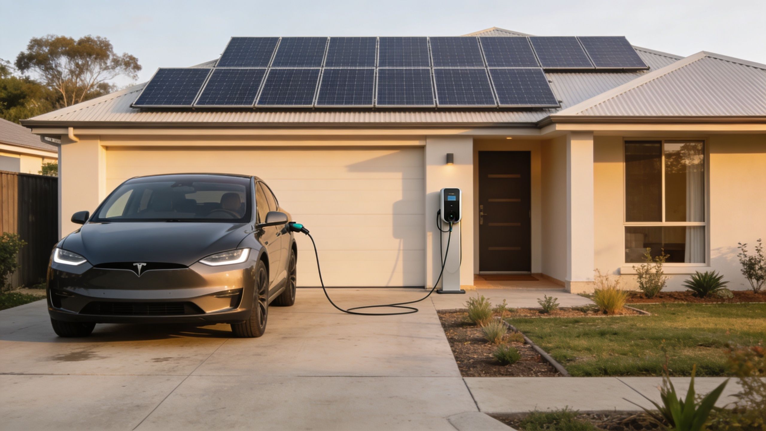 A modern electric vehicle parked in a suburban driveway charging with energy from roof-mounted solar panels.