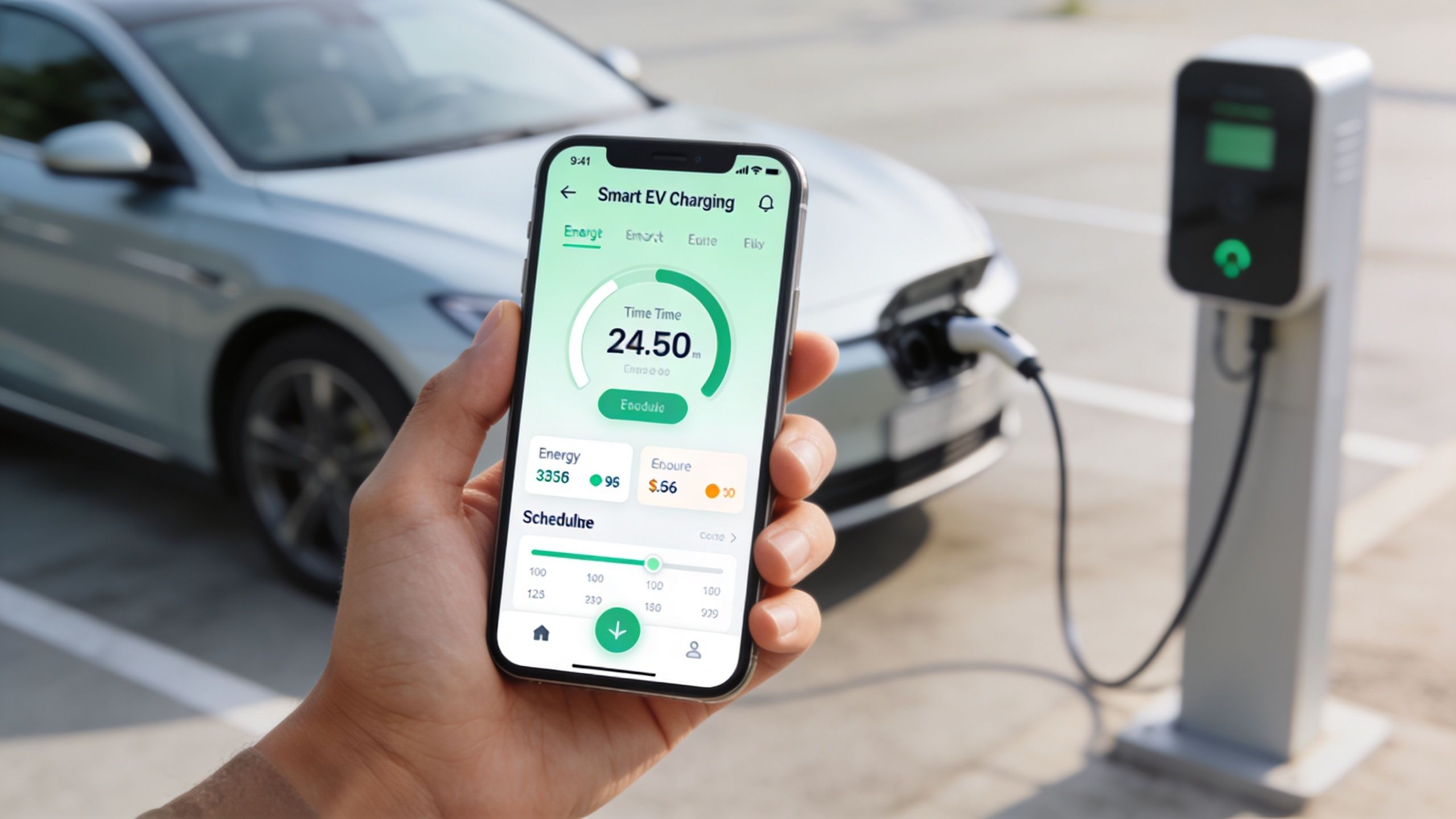 A hand holding a smartphone showing an electric vehicle charging status app near a parked charging car.