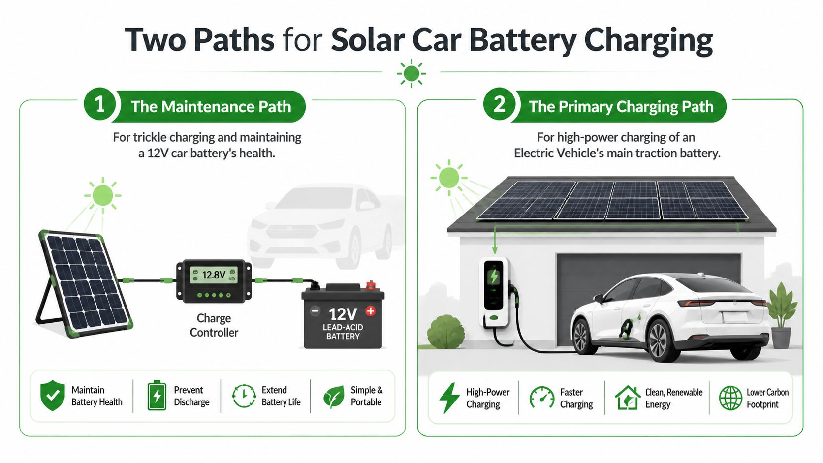 An infographic showing two paths for solar car battery charging, focusing on maintenance and primary power.