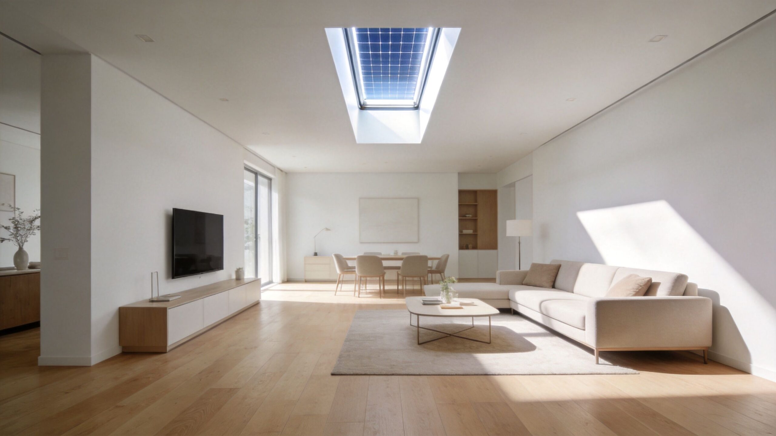 A modern minimalist living room featuring a large solar tube skylight allowing natural light to enter.