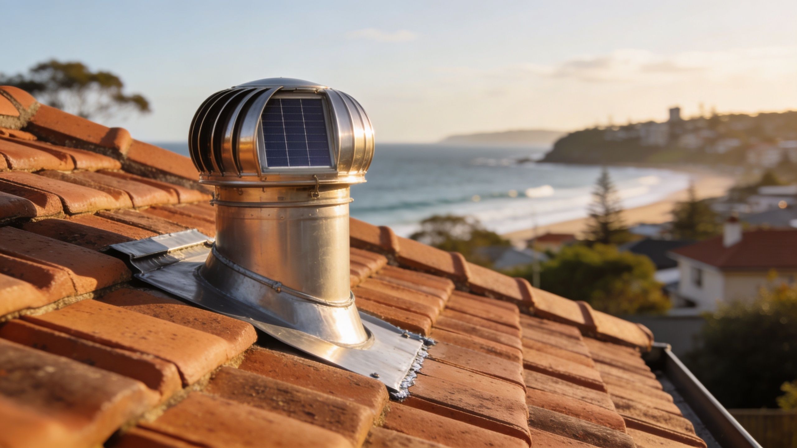 A close up view of a metallic solar attic ventilation fan installed on an orange tiled roof.