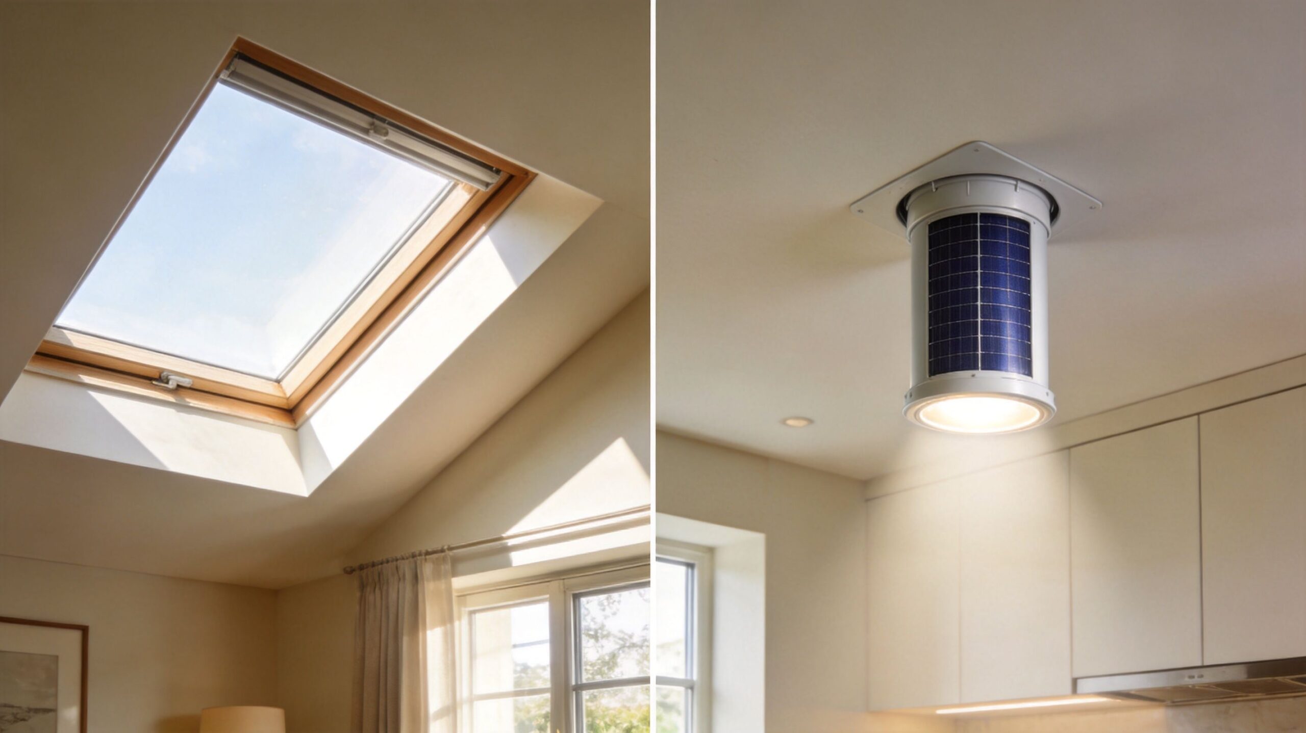A split image showing a roof skylight window on the left and a solar tube interior light on the right.