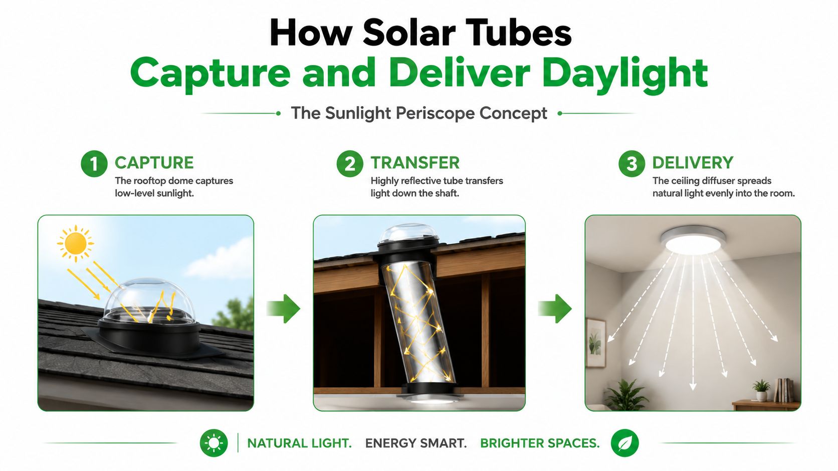 A diagram showing how solar tube skylights capture, transfer, and deliver natural sunlight into a home's interior.