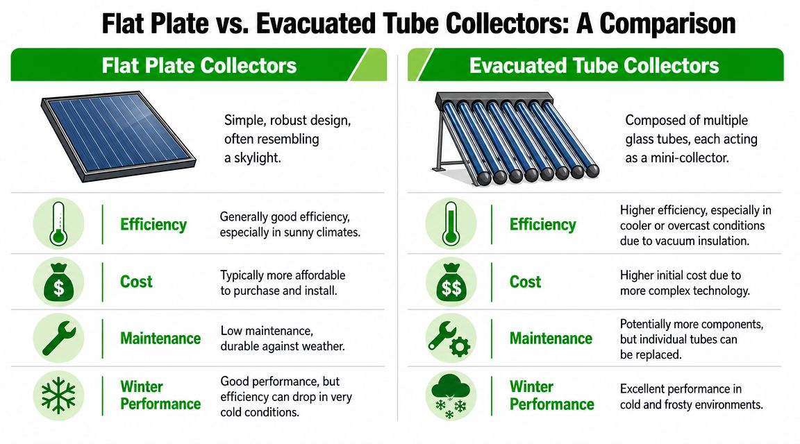 A comparison chart showing the differences between flat plate and evacuated tube solar water heater collectors.
