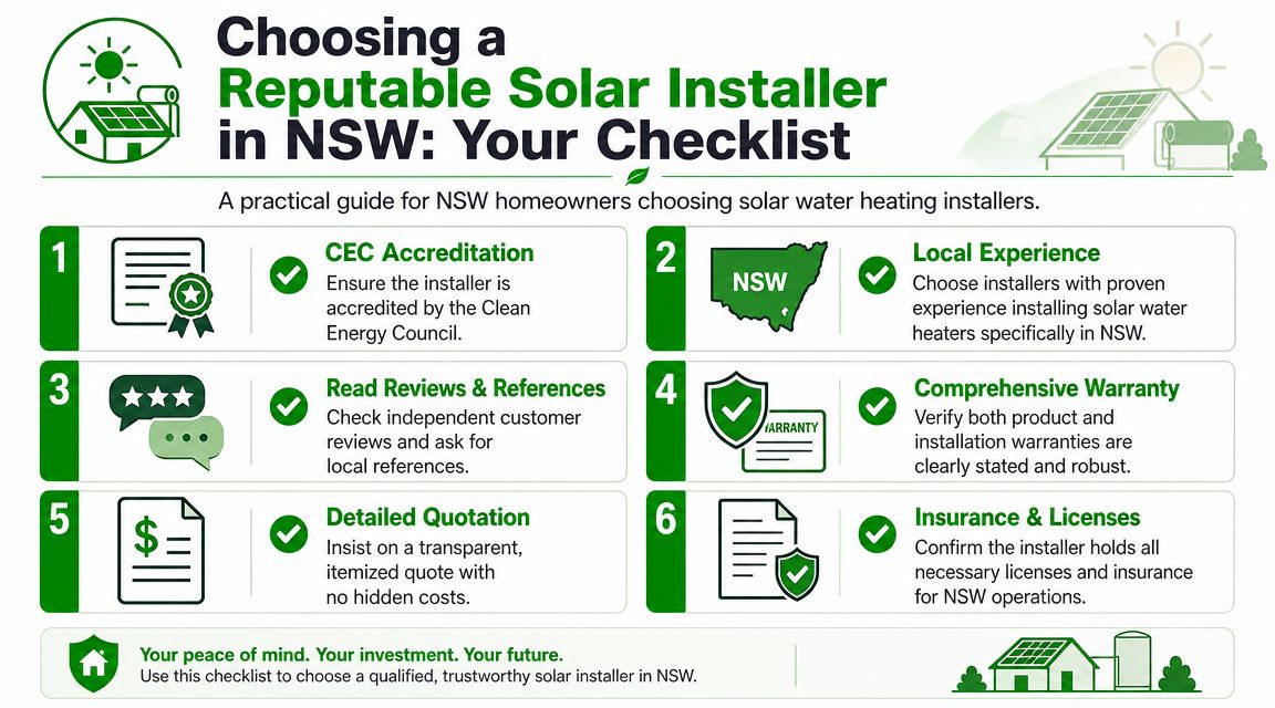 An infographic checklist for NSW homeowners on how to choose a reputable solar water heater installer.