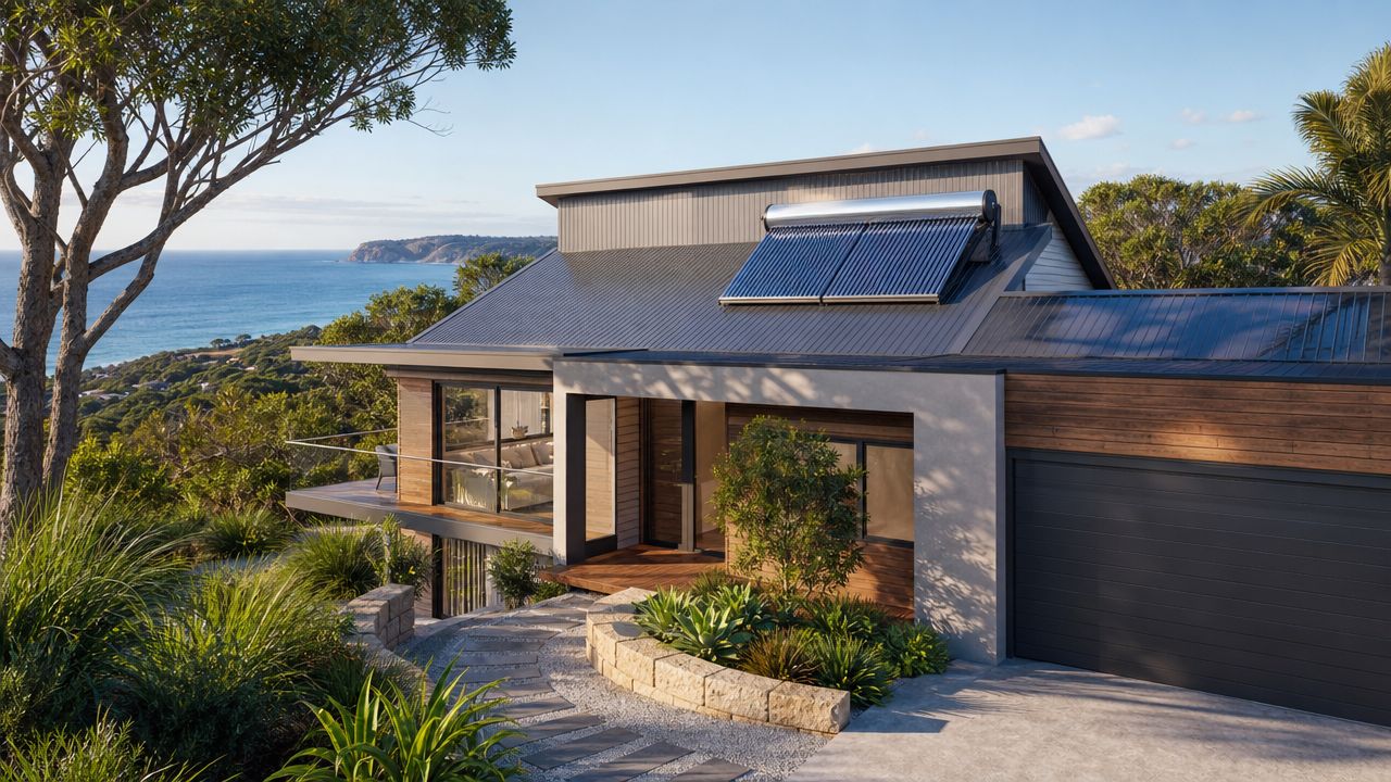 A modern coastal house with solar water heater panels on the roof overlooking the ocean.
