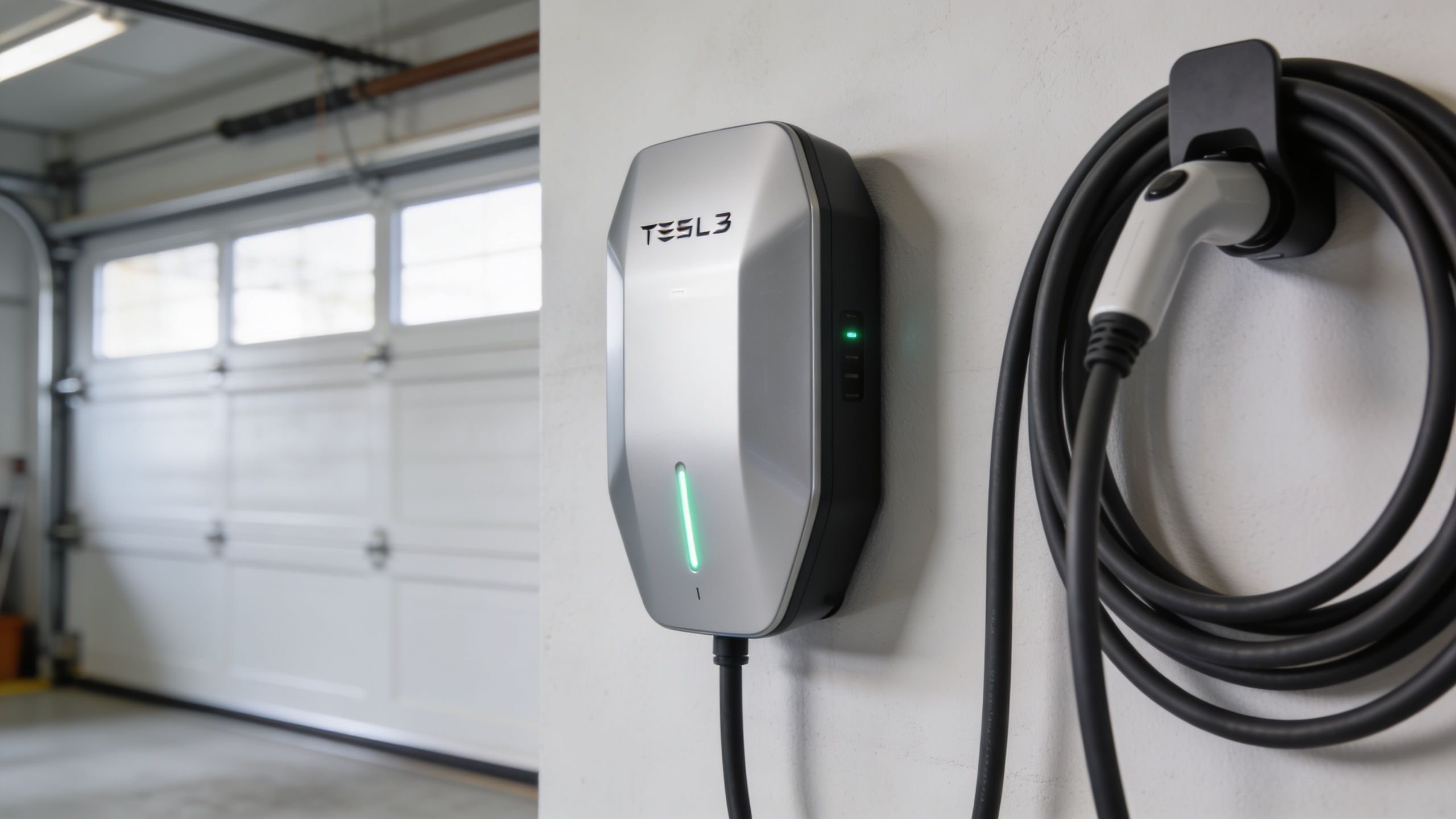 A silver Tesla Gen 3 wall connector charging station mounted on a white wall in a garage.
