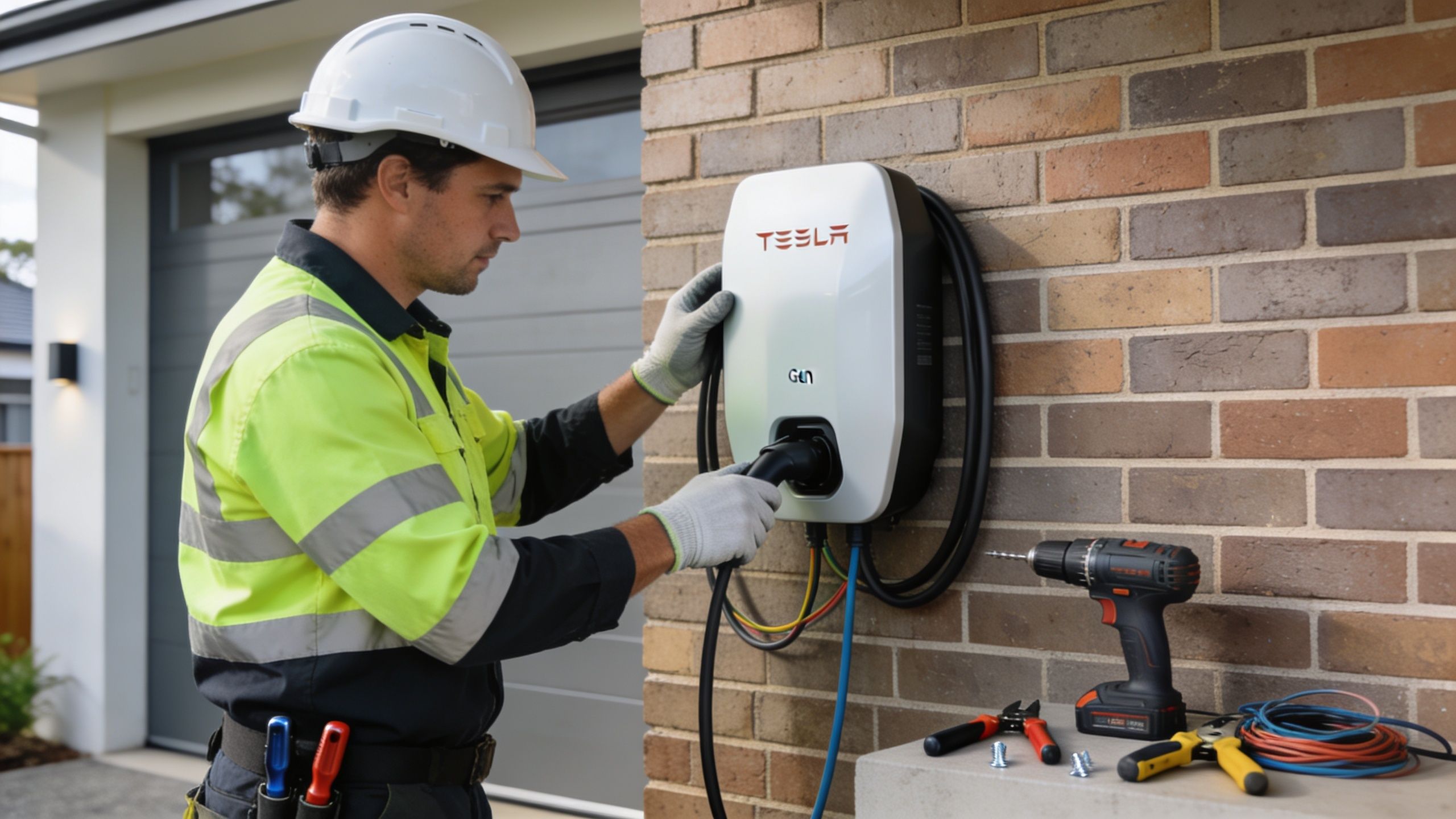 An electrician in a high-visibility uniform installing a Tesla Gen 3 wall connector on a brick wall.
