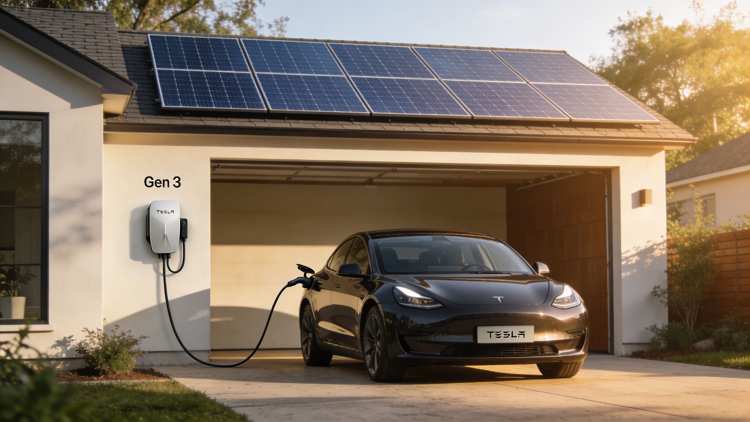 A black Tesla electric car charging at home with a wall-mounted Gen 3 charger under solar panels.
