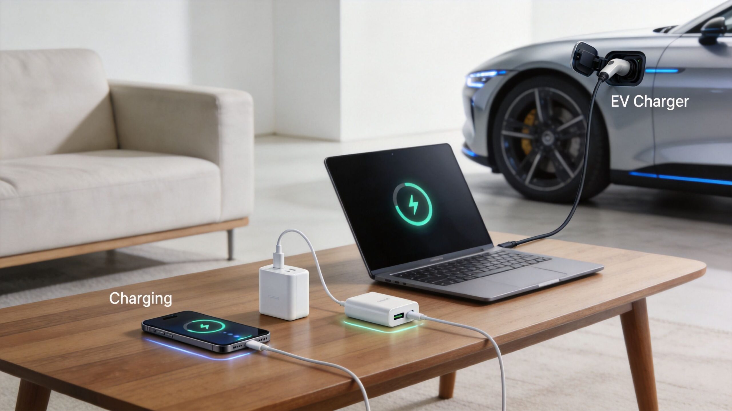 A laptop and smartphone charging on a wooden table, next to an electric vehicle charging station.