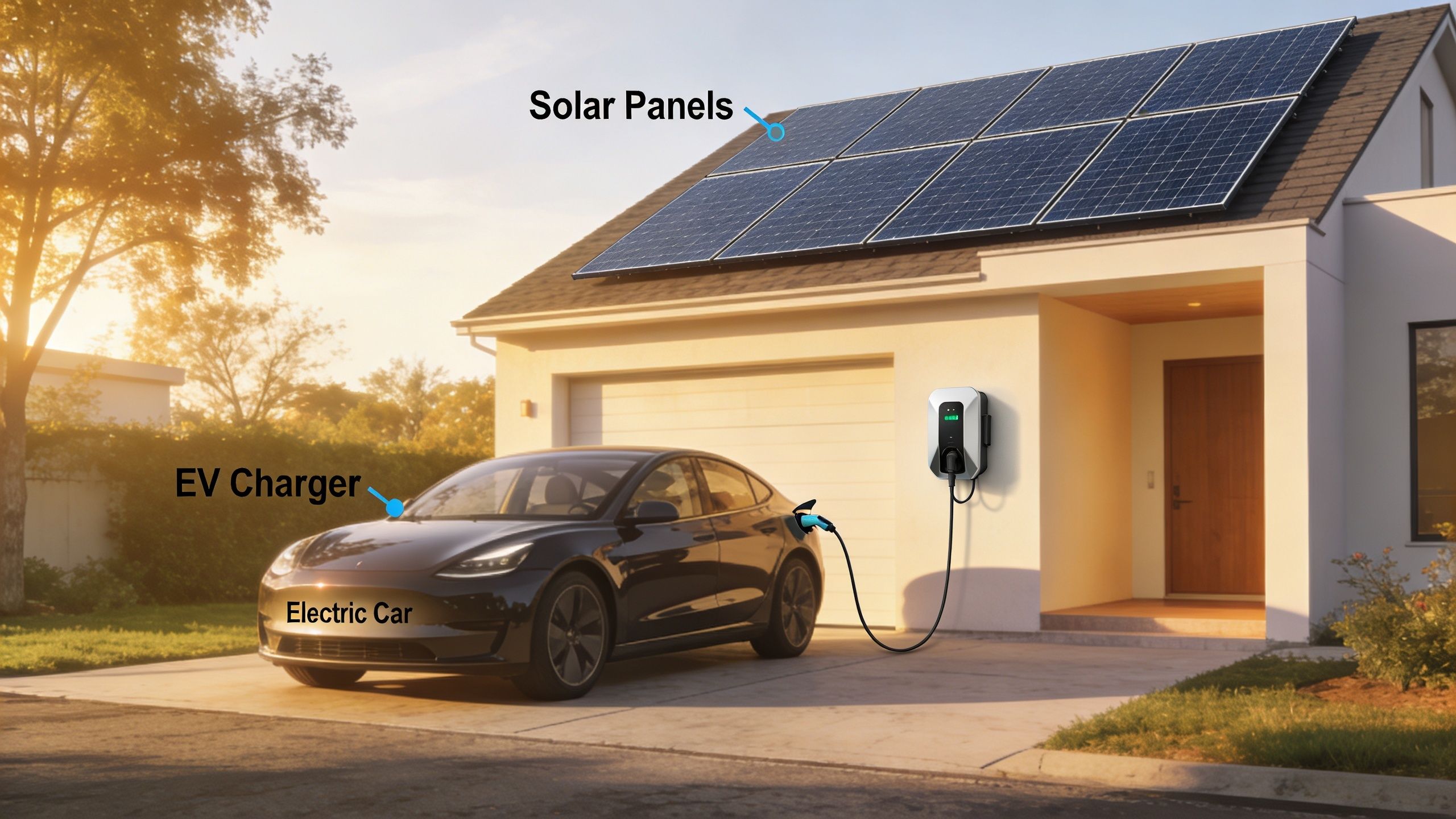 An electric car charging at home with a wall-mounted charger powered by rooftop solar panels.