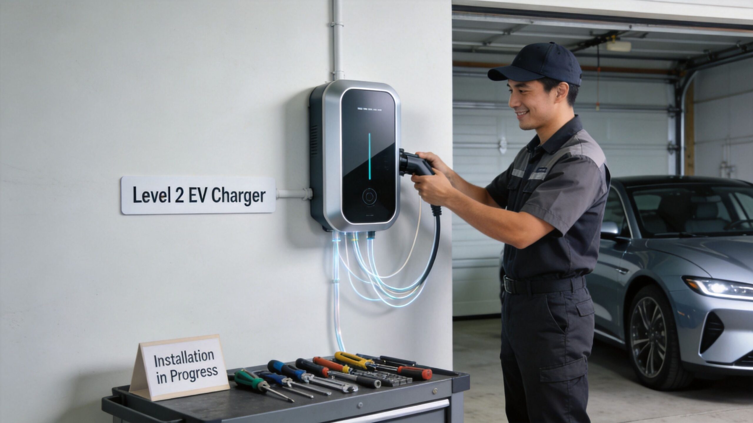 A technician installing a Level 2 EV charging station on a garage wall near a car.