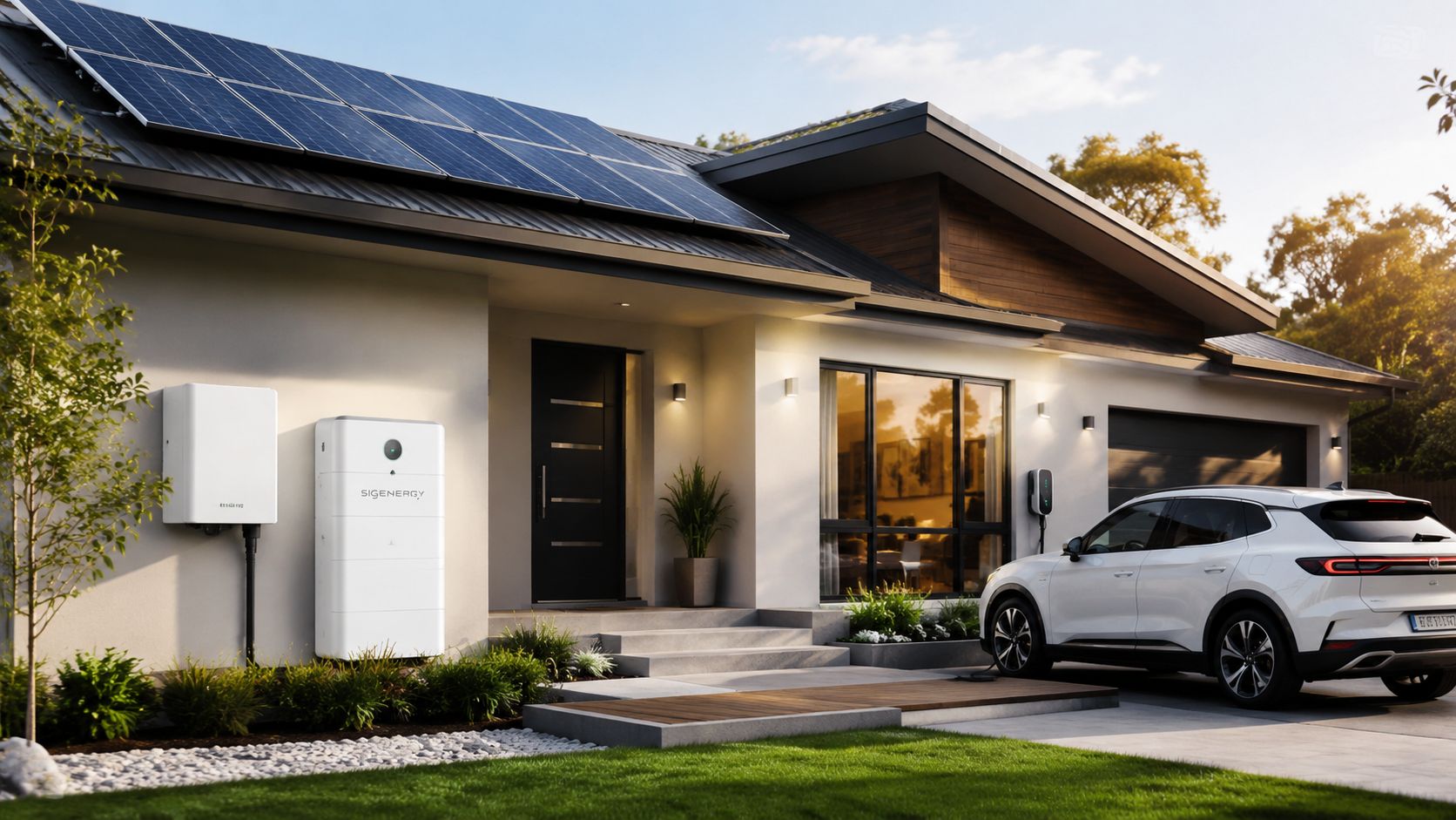 A modern suburban home featuring rooftop solar panels, battery storage, and an electric vehicle charging in the driveway.