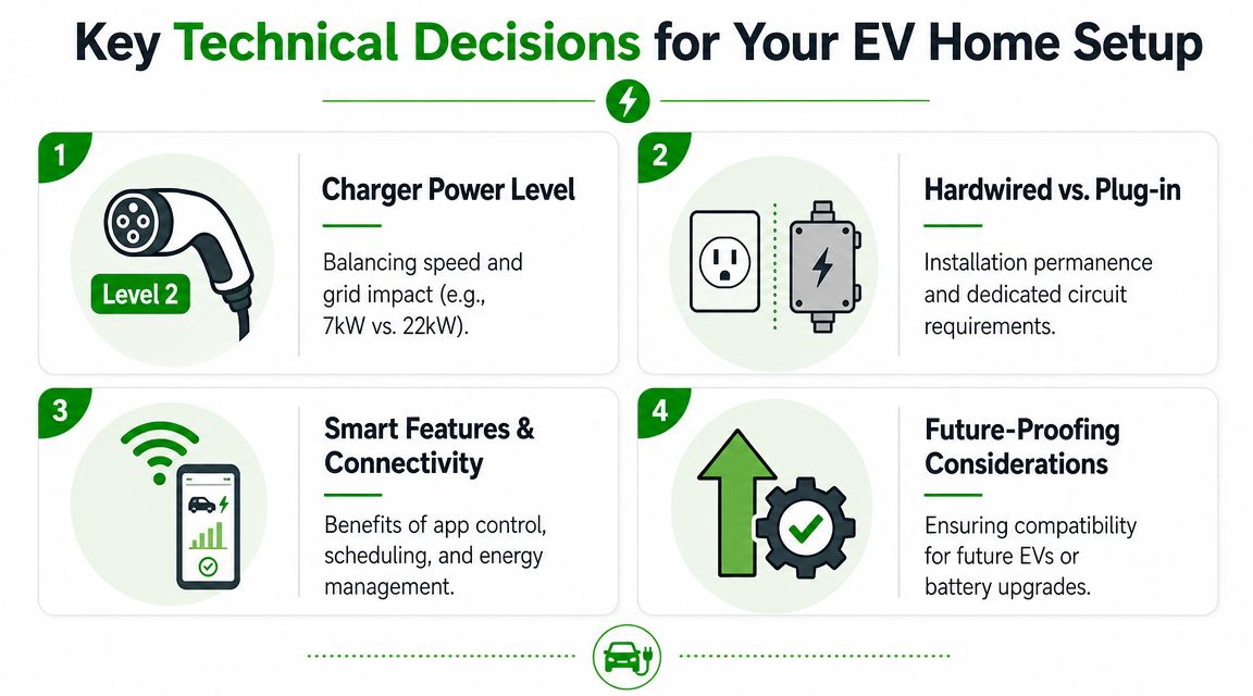 An infographic detailing four essential technical considerations for installing an electric vehicle charger at home.