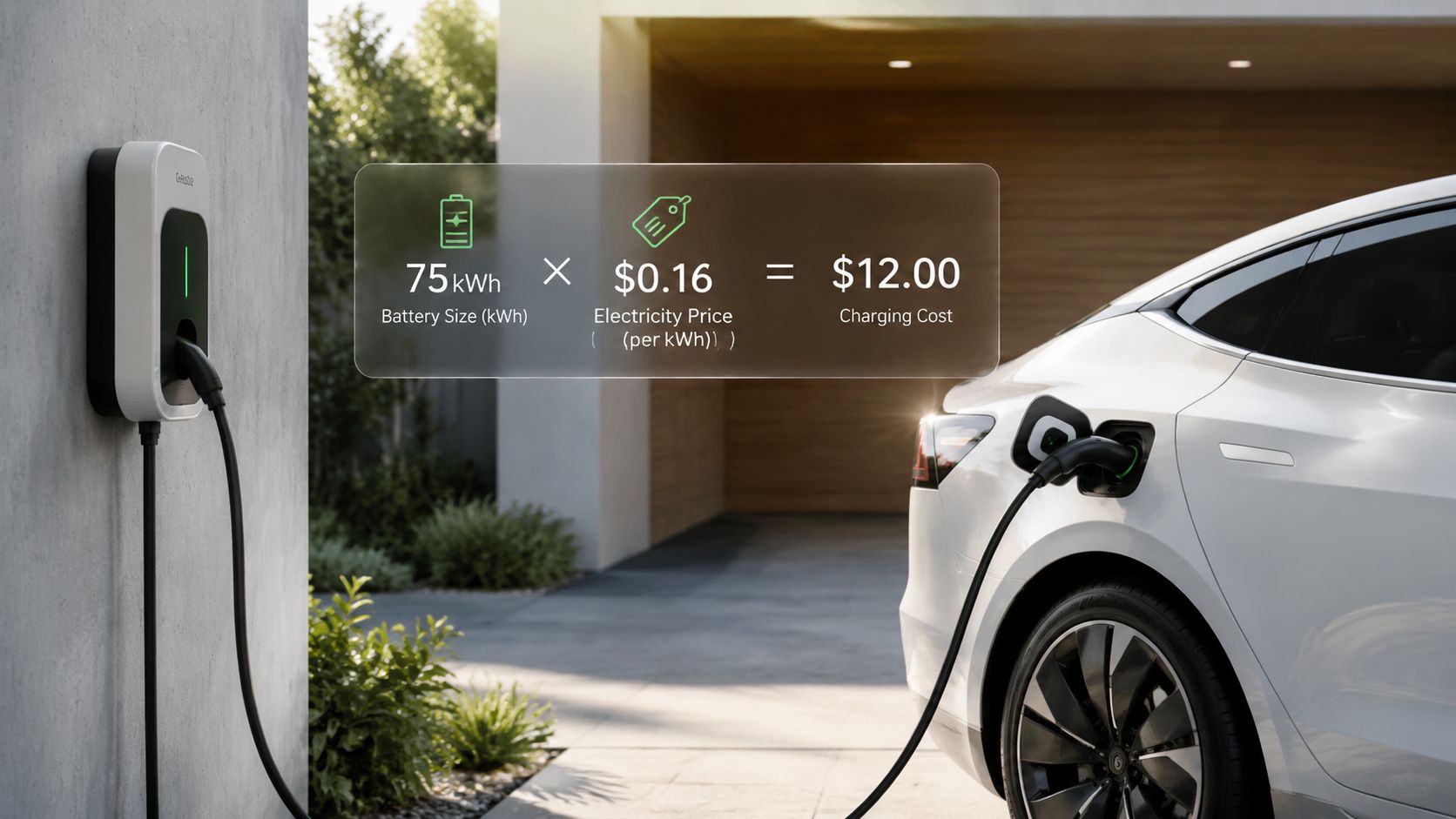 A calculation graphic showing 75kWh battery size multiplied by $0.16 electricity price equals $12.00 charging cost.