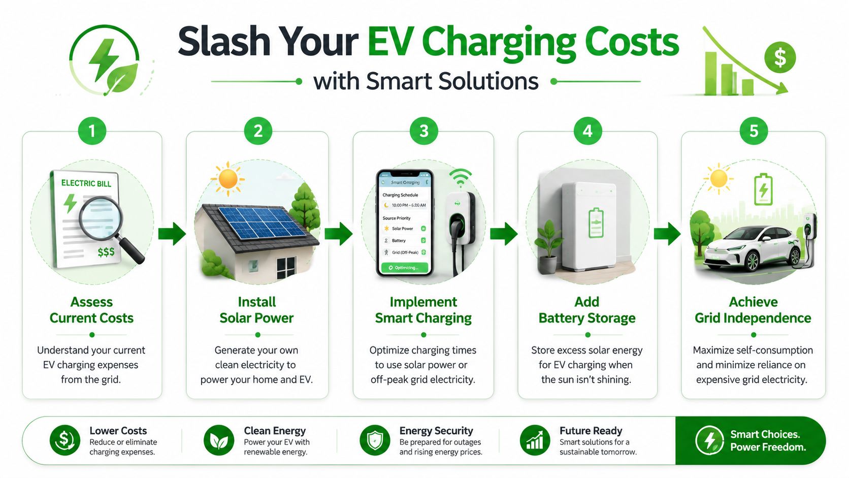 A five-step infographic showing how to reduce EV charging costs through solar power and smart energy management.