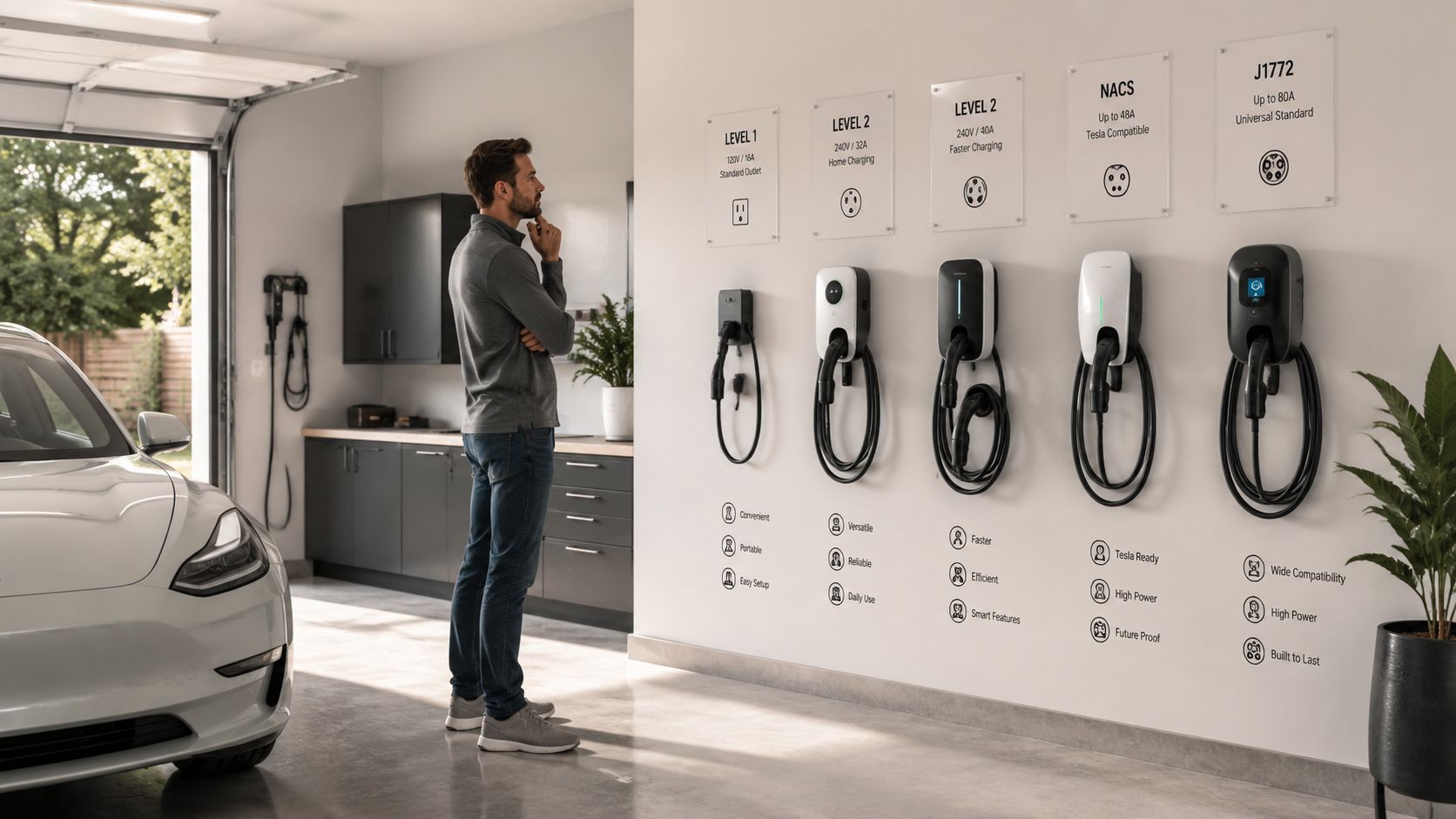 A man observing a wall of electric vehicle charging stations in a well-organized modern home garage.
