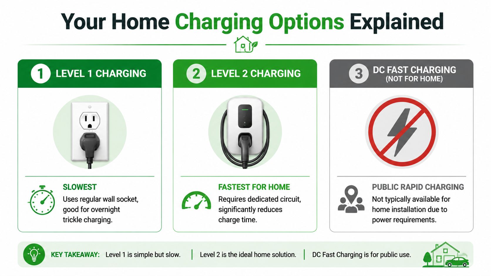 A comparison chart explaining Level 1, Level 2, and DC fast charging options for electric vehicles.