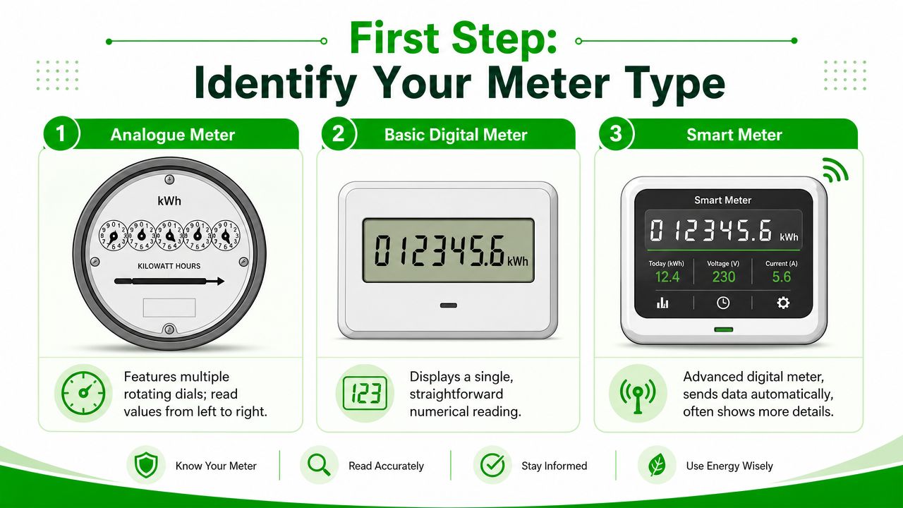 An educational infographic illustrating three types of electricity meters: analogue, basic digital, and smart meter.