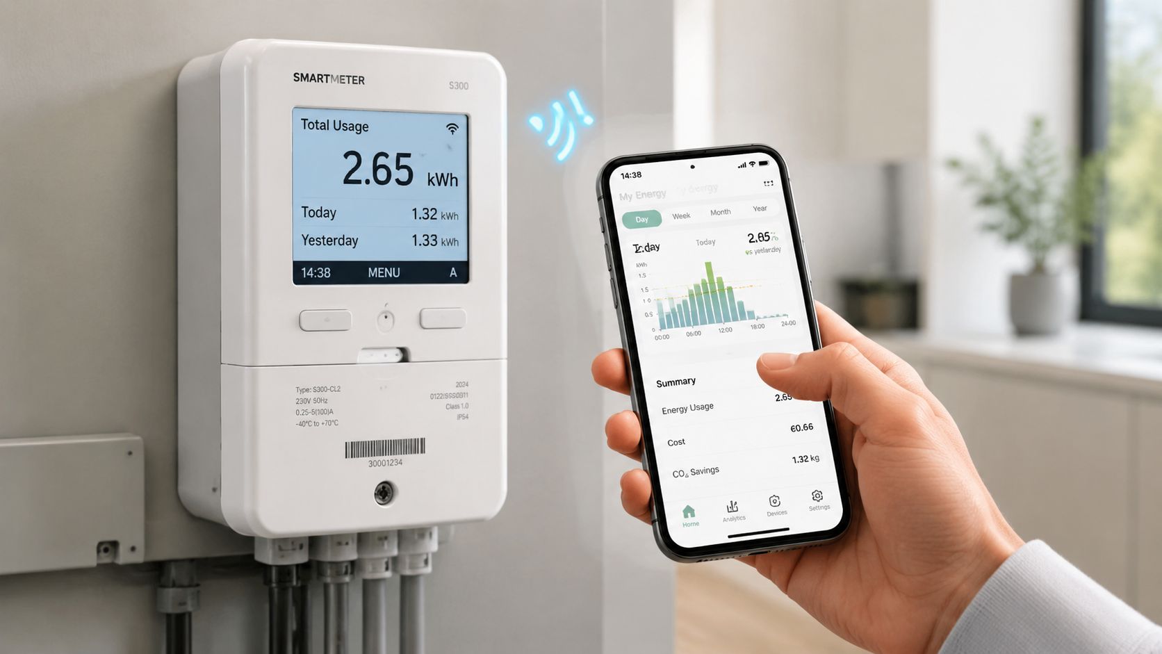 A hand holding a smartphone displaying energy usage data synced with a wall-mounted smart electricity meter.