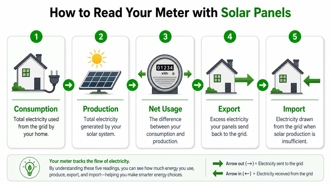 An infographic explaining how to read a home electricity meter with a solar power system installed.