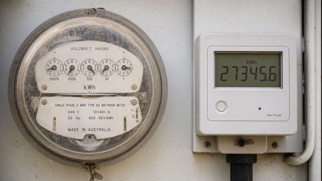 An analog kilowatt hour meter and a digital electricity meter installed side-by-side on an outdoor utility wall.