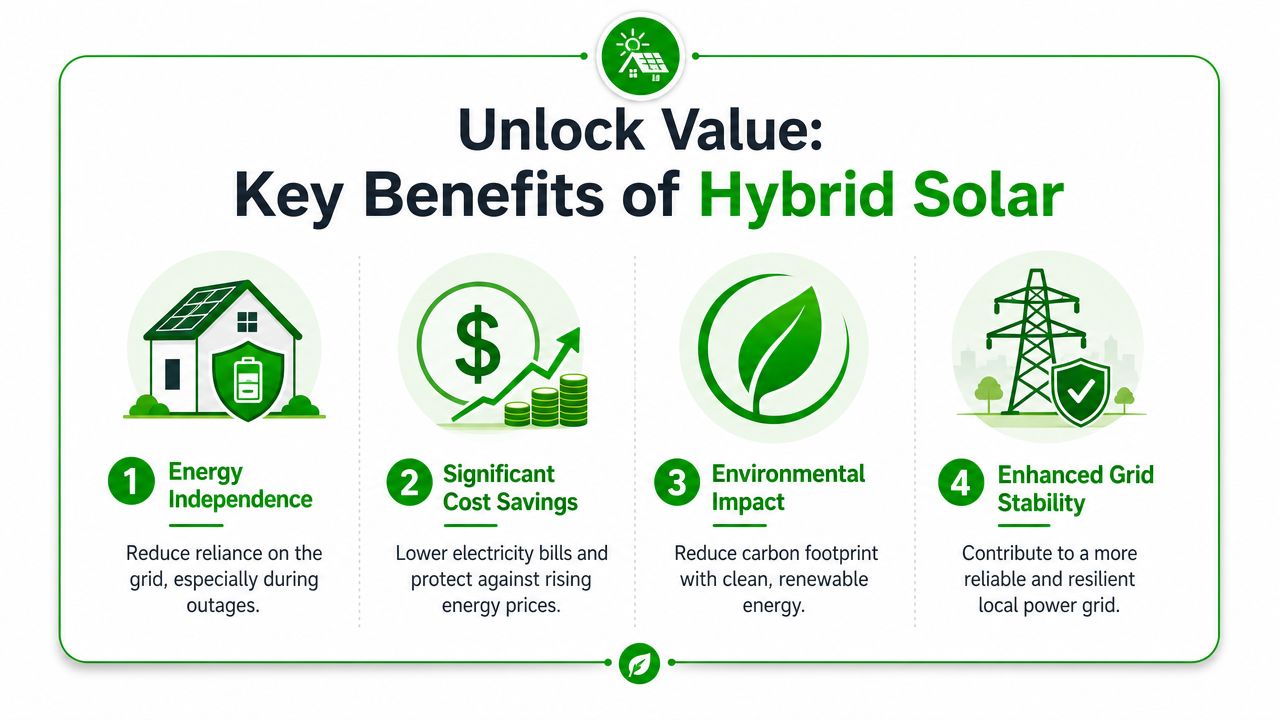 An infographic detailing the four key benefits of hybrid solar energy systems for homeowners and communities.