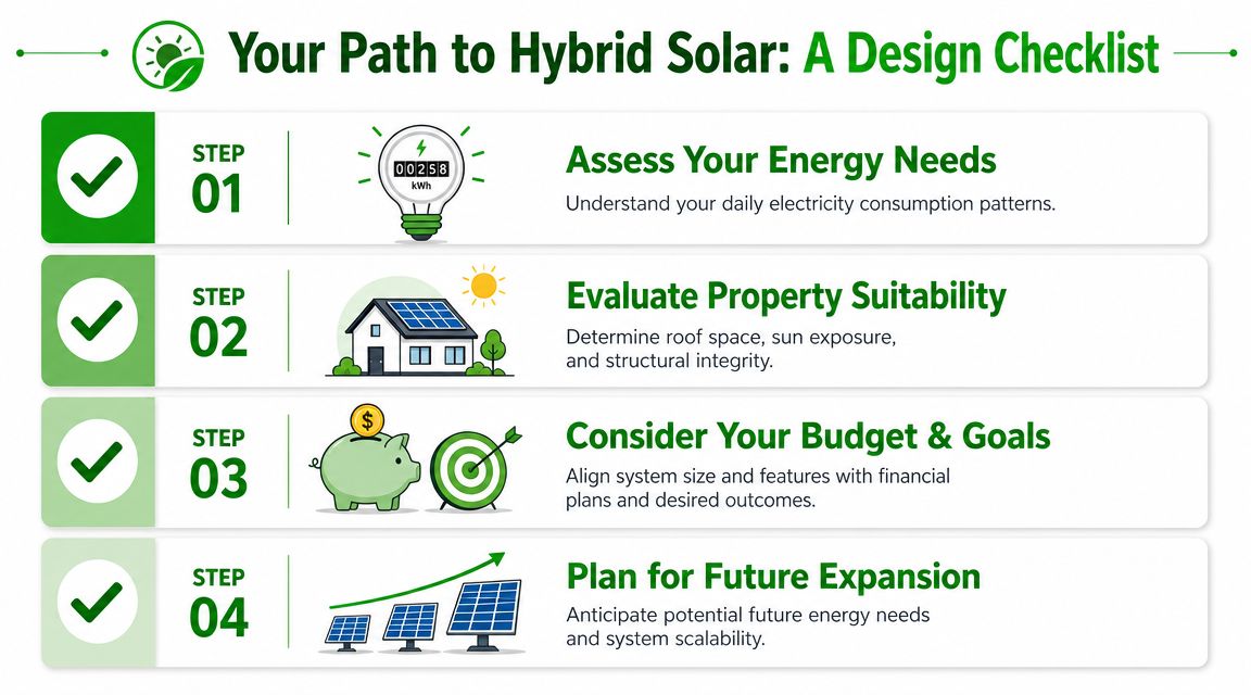 A checklist infographic titled Your Path to Hybrid Solar with four steps for planning solar energy systems.