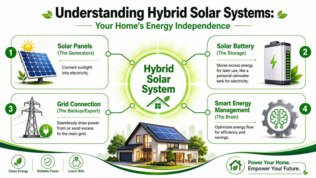An infographic explaining the components of a hybrid solar system for home energy independence and savings.