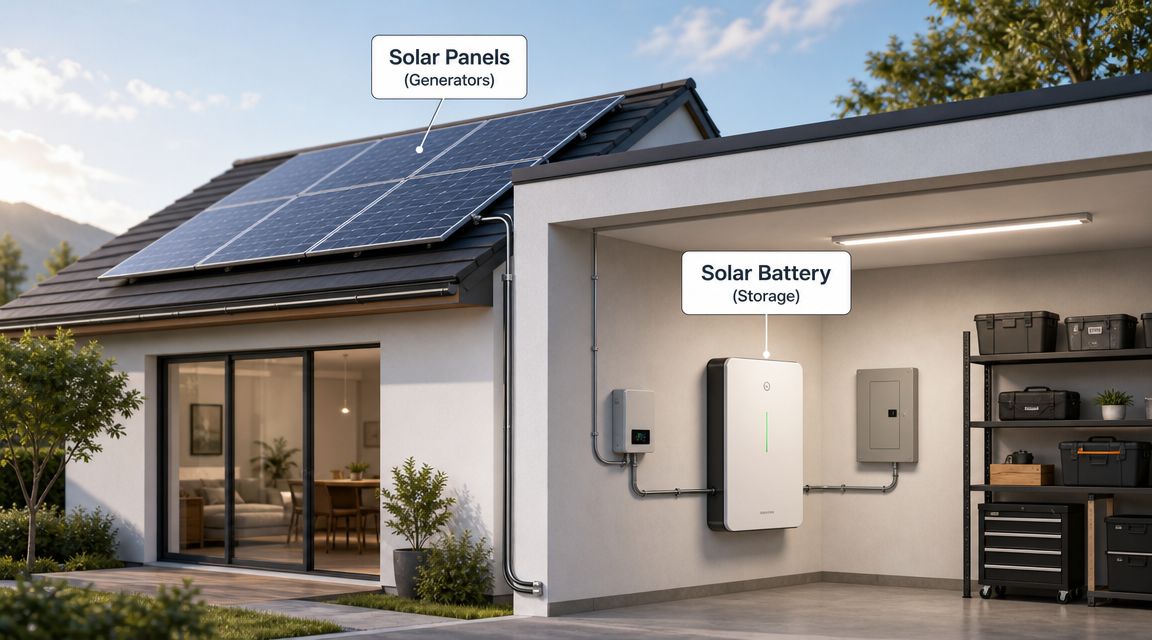 A modern residential home featuring rooftop solar panels and an integrated home battery storage system in the garage.
