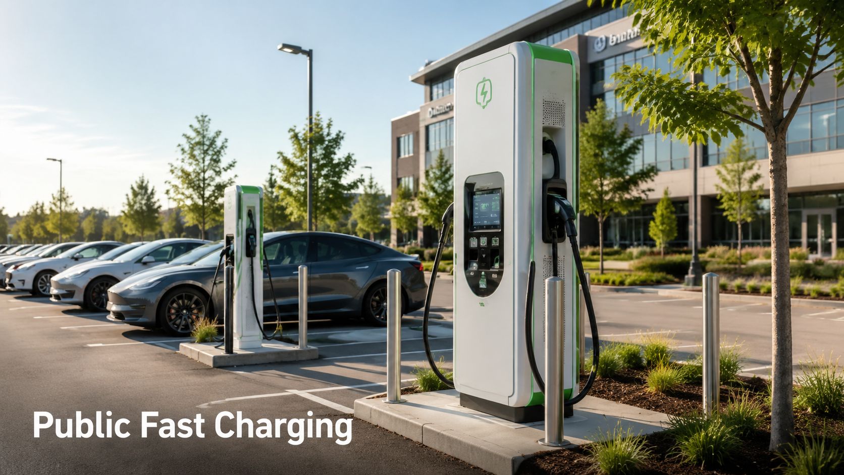 A line of electric vehicles parked at a modern public fast charging station on a sunny day.