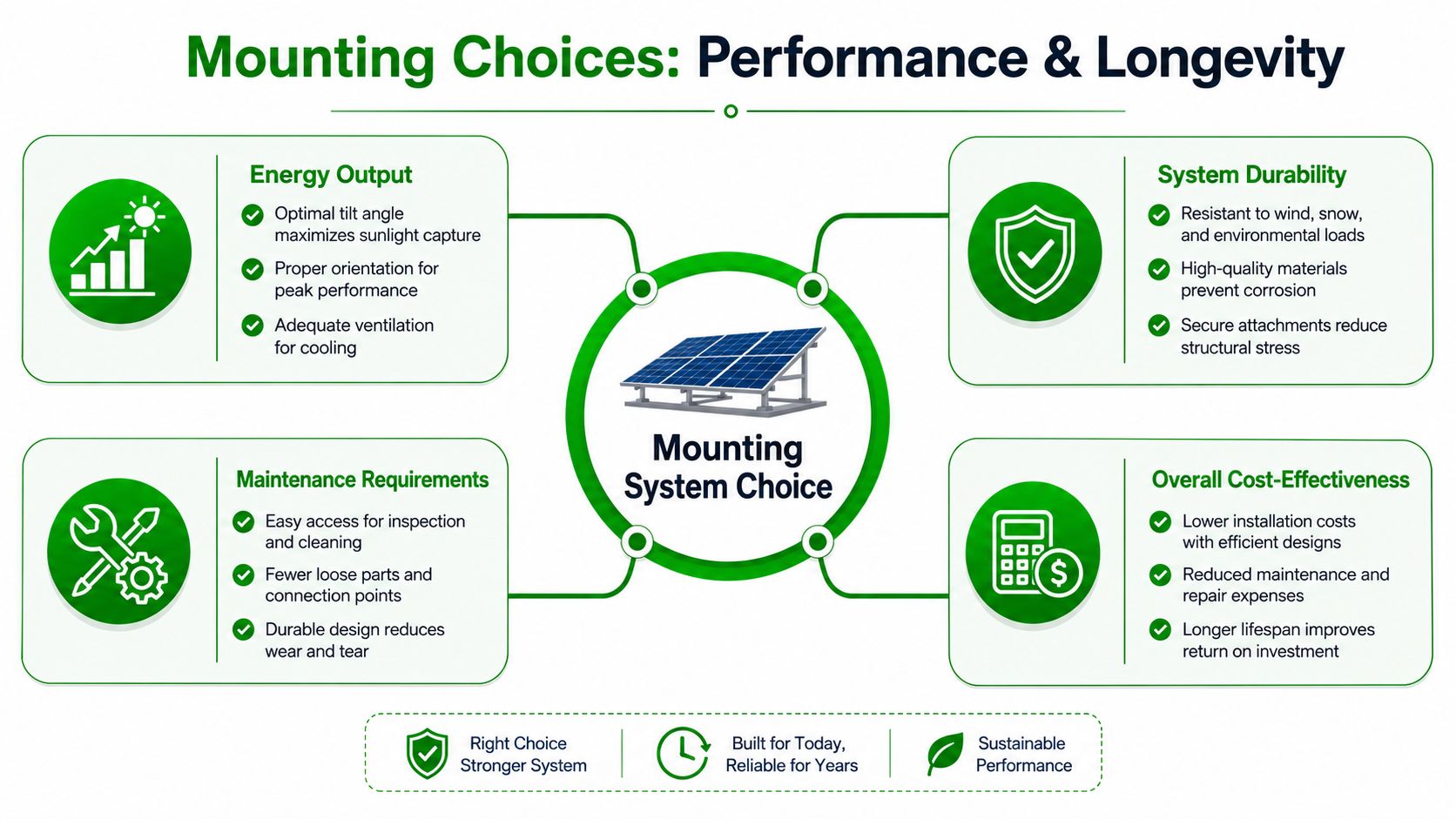 An infographic showing the four key factors for choosing solar panel mounting systems for performance and longevity.